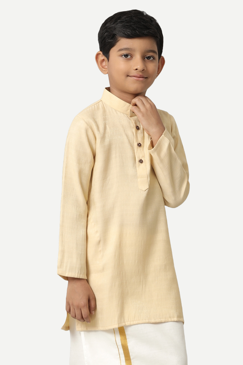 UATHAYAM Poly Slub Shining Star Full Sleeve Solid Regular Fit Kurta & Dhoti 2 In 1 Set For Kids (Light Beige)