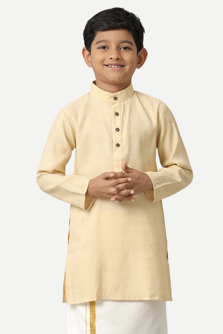 UATHAYAM Poly Slub Shining Star Full Sleeve Solid Regular Fit Kurta & Dhoti 2 In 1 Set For Kids (Light Beige)