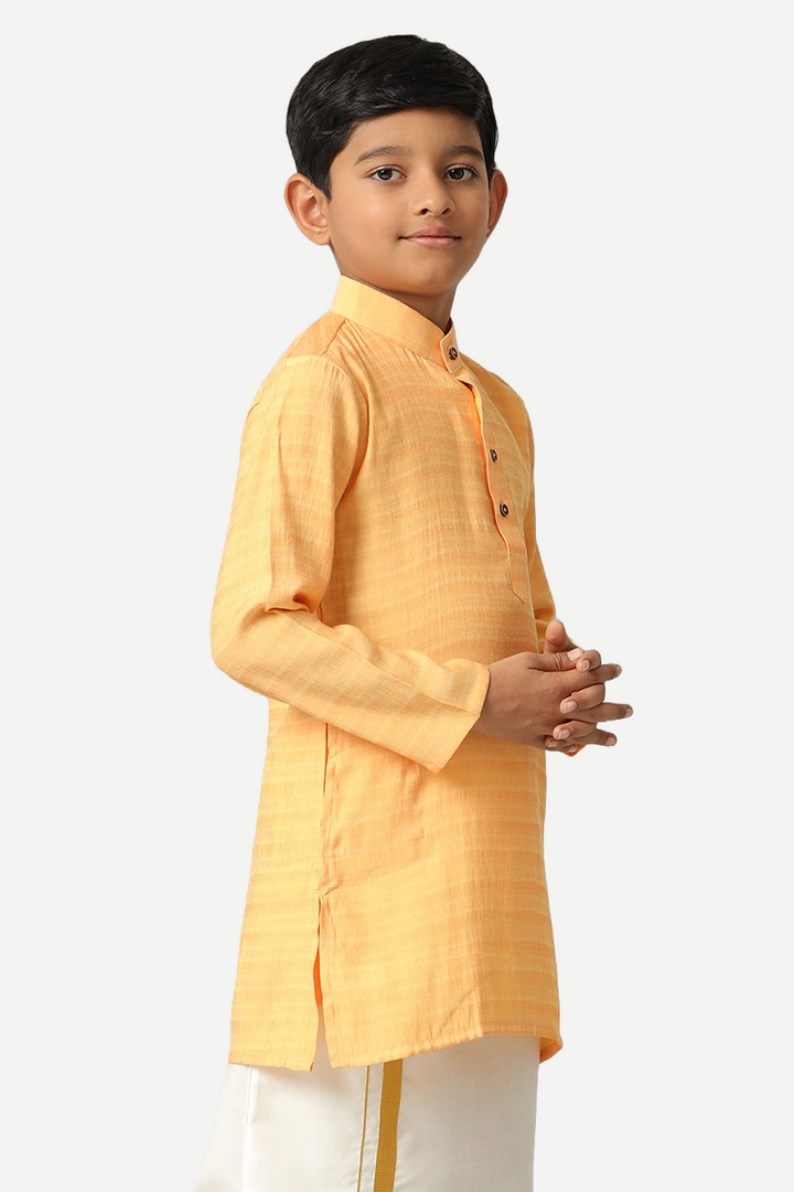 UATHAYAM Poly Slub Shining Star Full Sleeve Solid Regular Fit Kurta & Dhoti 2 In 1 Set For Kids (Light Orange)