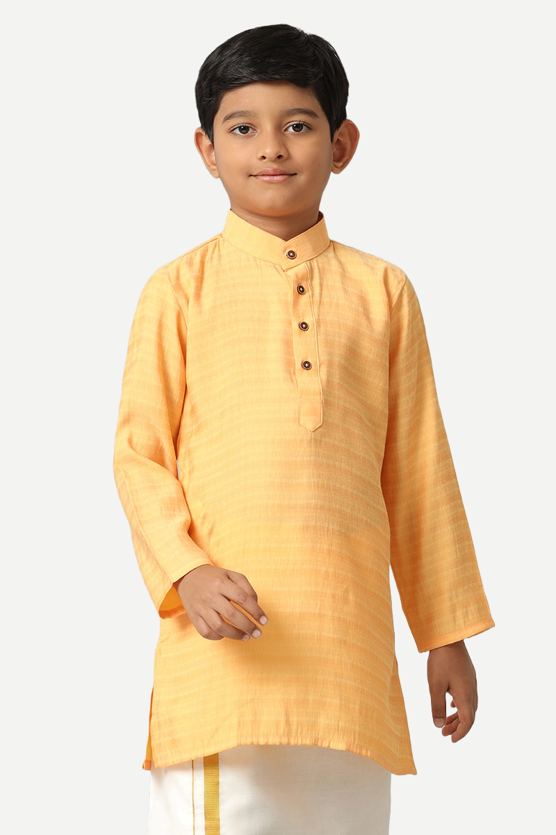 UATHAYAM Poly Slub Shining Star Full Sleeve Solid Regular Fit Kurta & Dhoti 2 In 1 Set For Kids (Light Orange)