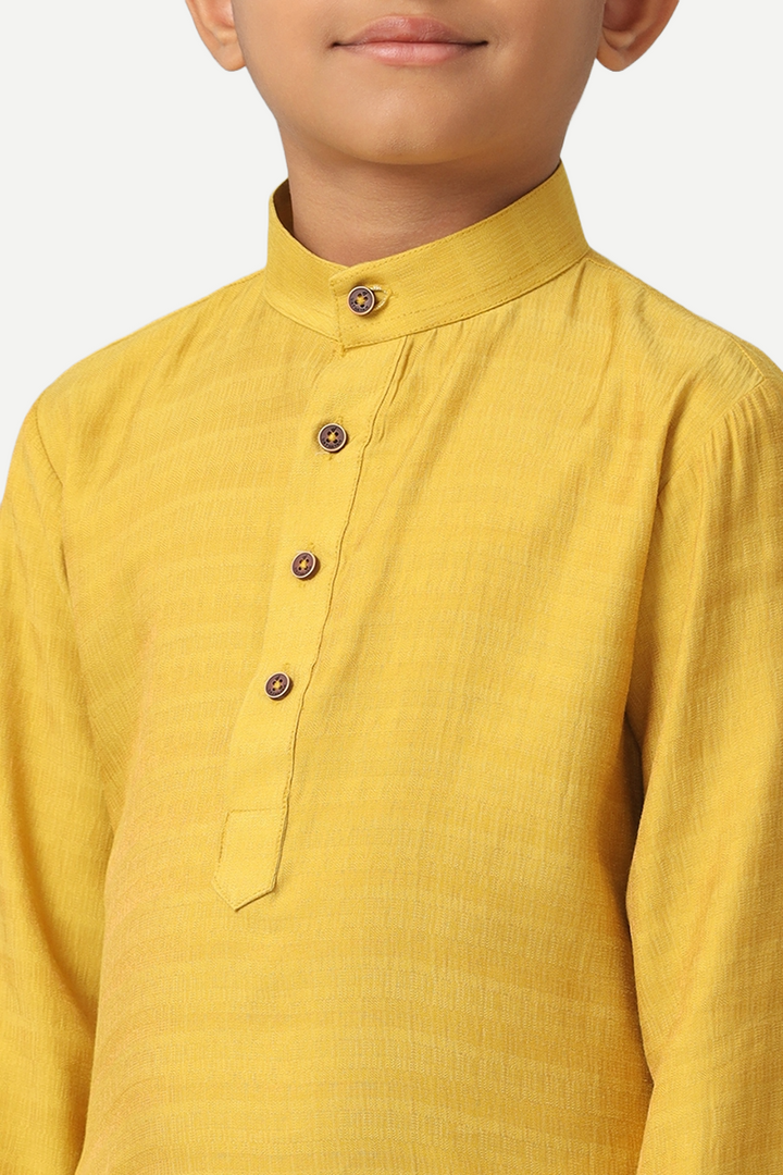 UATHAYAM Poly Slub Shining Star Full Sleeve Solid Regular Fit Kurta & Dhoti 2 In 1 Set For Kids (Mustard Yellow))