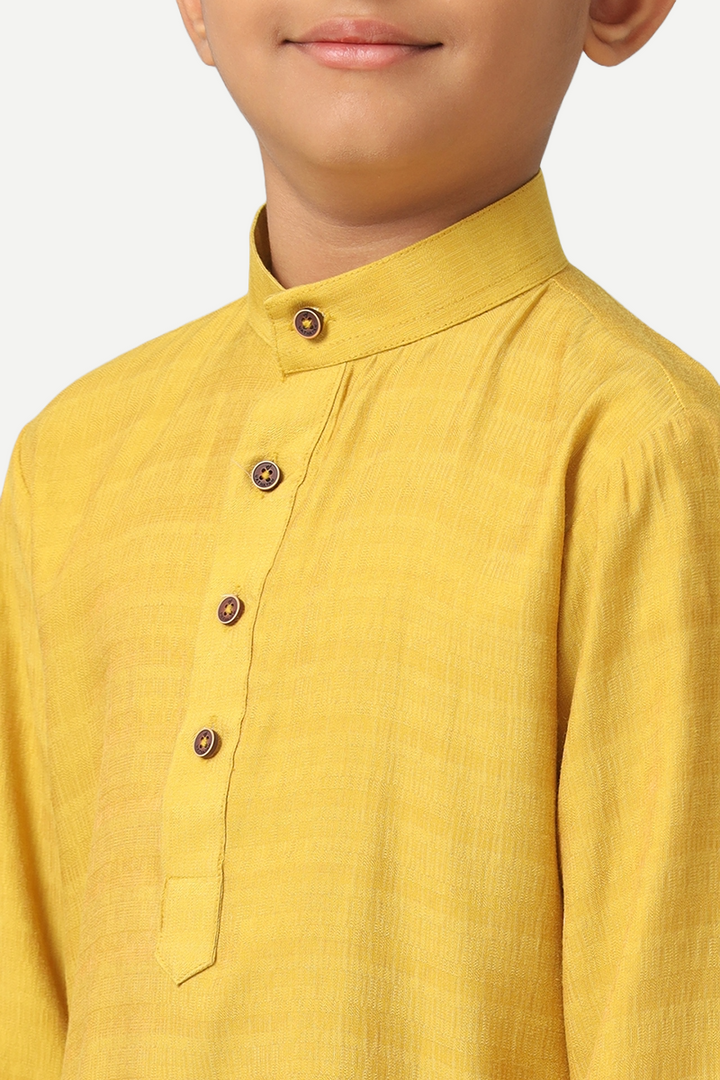 UATHAYAM Poly Slub Shining Star Kurta  Full Sleeve Solid Regular Fit For Kids (Mustard Yellow)