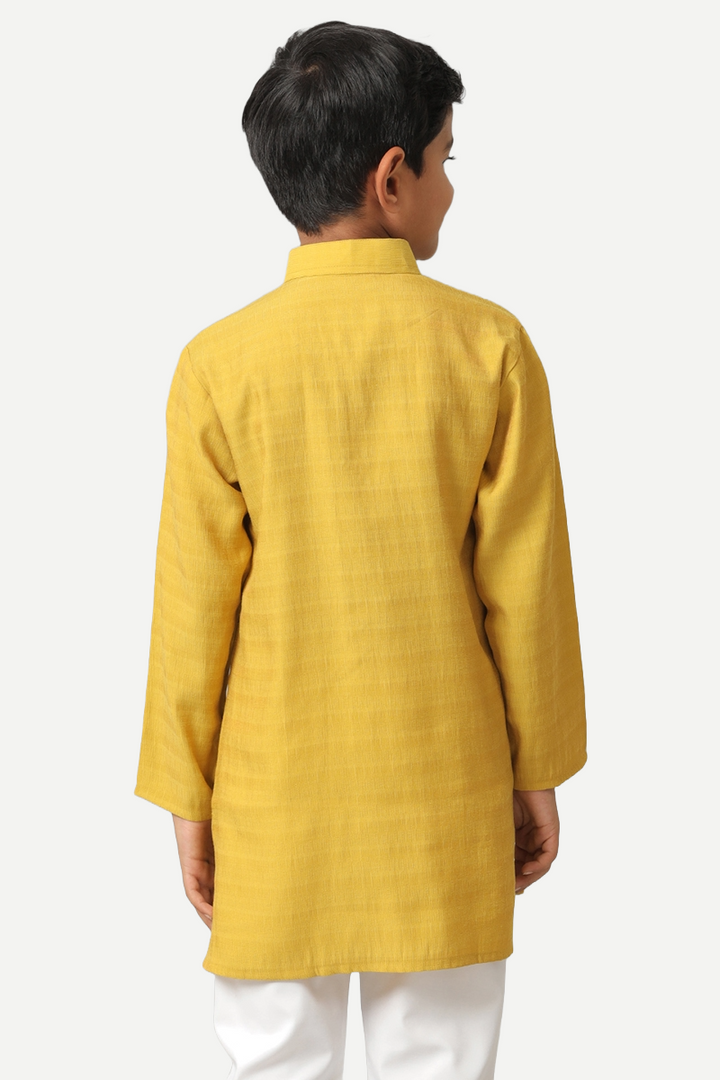 UATHAYAM Poly Slub Shining Star Full Sleeve Solid Regular Fit Kurta & Pyjama 2 In 1 Set For Kids (Mustard Yellow)