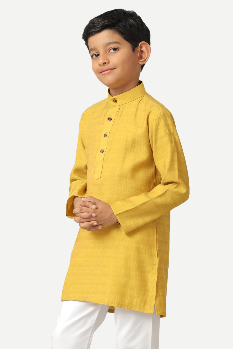 UATHAYAM Poly Slub Shining Star Full Sleeve Solid Regular Fit Kurta & Pyjama 2 In 1 Set For Kids (Mustard Yellow)