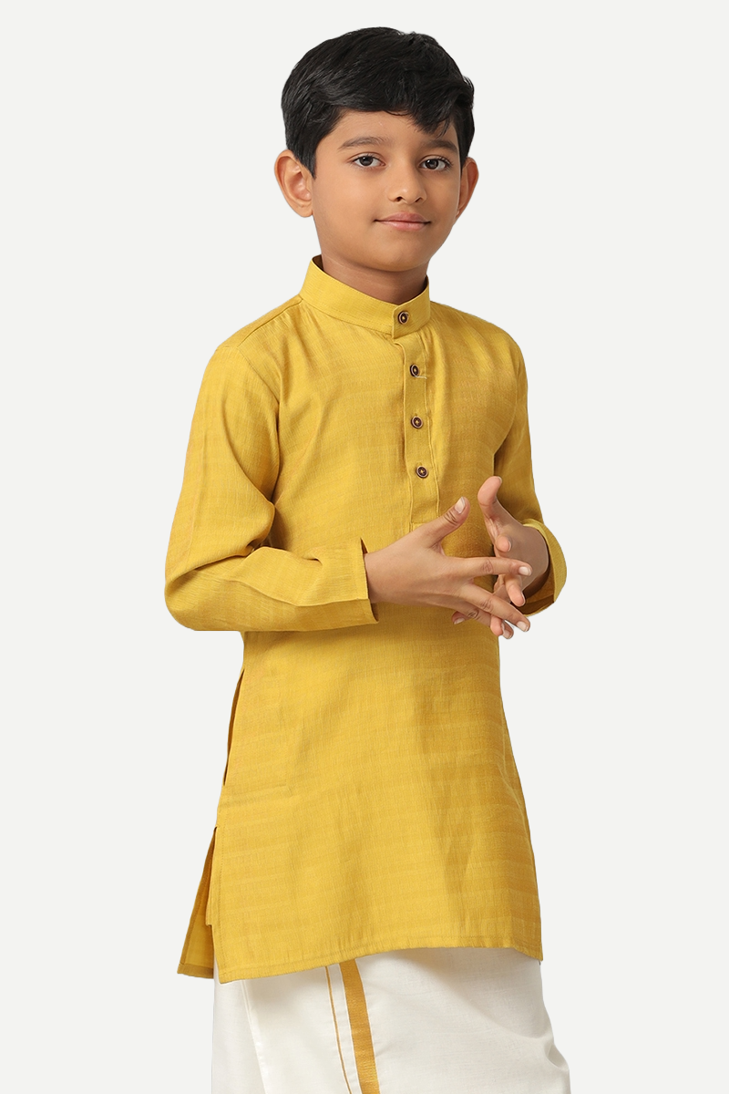 UATHAYAM Poly Slub Shining Star Full Sleeve Solid Regular Fit Kurta & Dhoti 2 In 1 Set For Kids (Mustard Yellow))