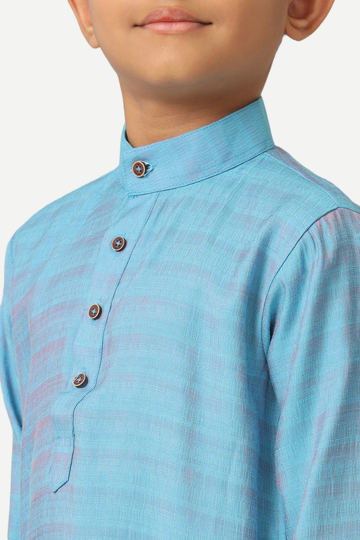 UATHAYAM Poly Slub Shining Star Kurta  Full Sleeve Solid Regular Fit For Kids (Ocean Blue)