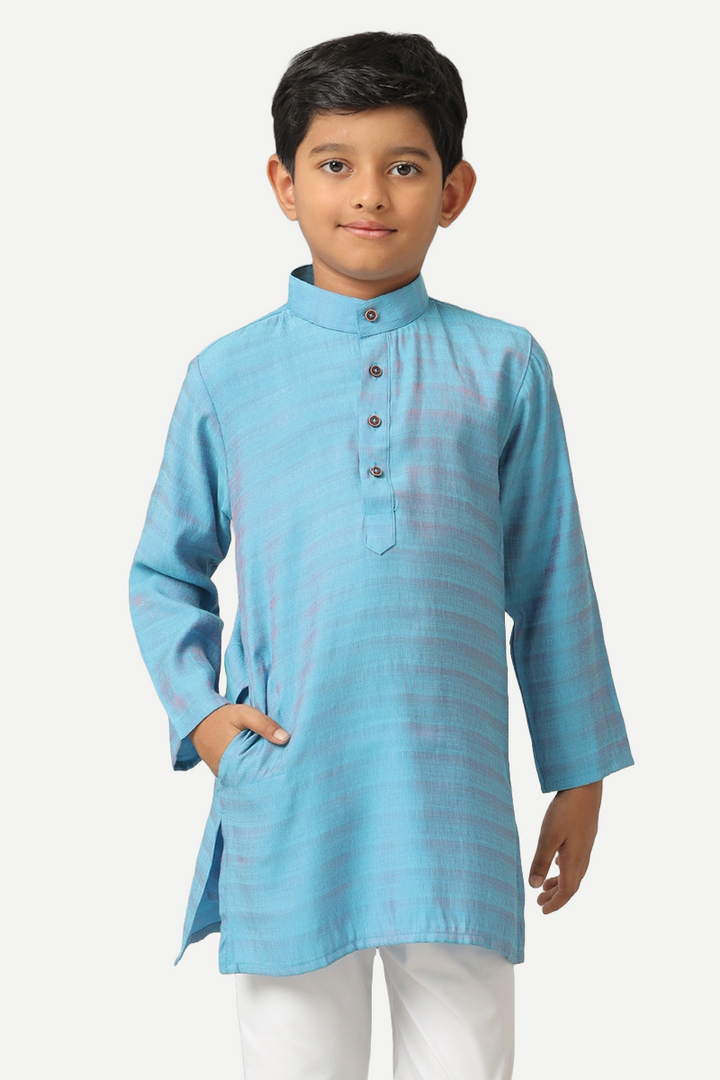 UATHAYAM Poly Slub Shining Star Kurta  Full Sleeve Solid Regular Fit For Kids (Ocean Blue)