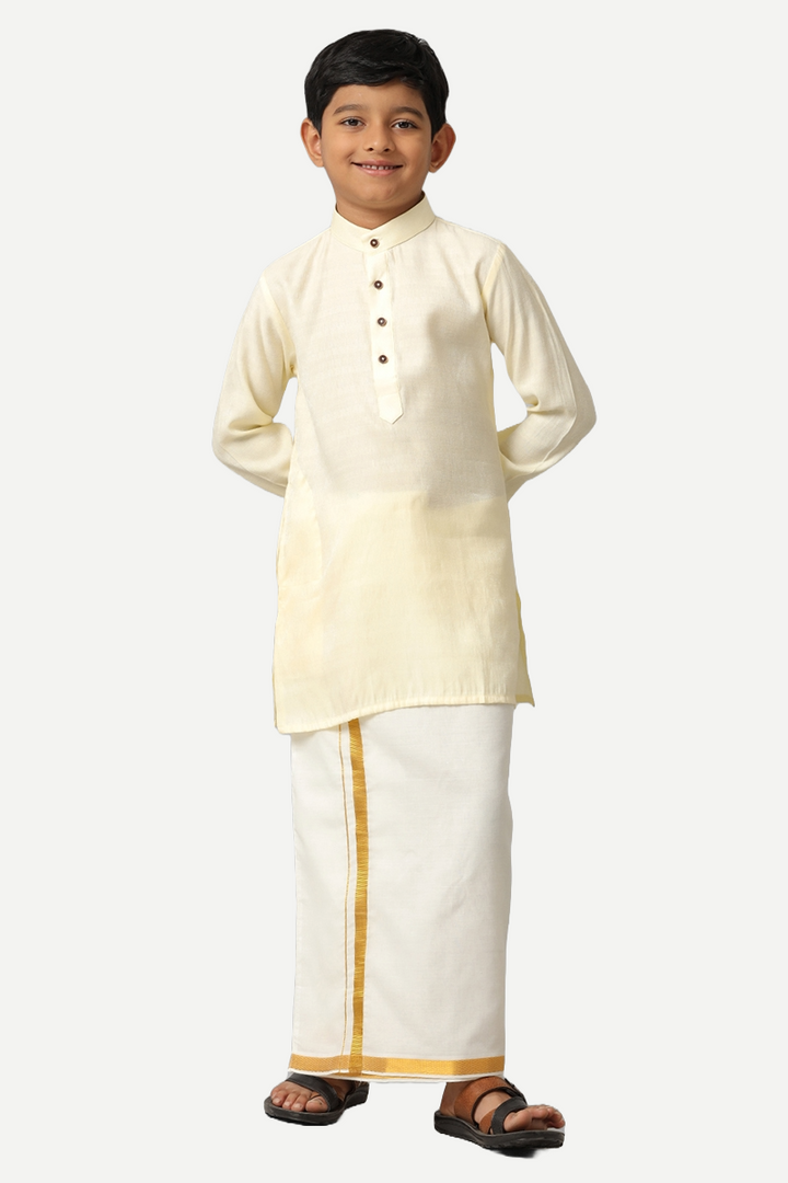 UATHAYAM Poly Slub Shining Star  Full Sleeve Solid Regular Fit Kurta & Dhoti 2 In 1 Set For Kids (Cream White)