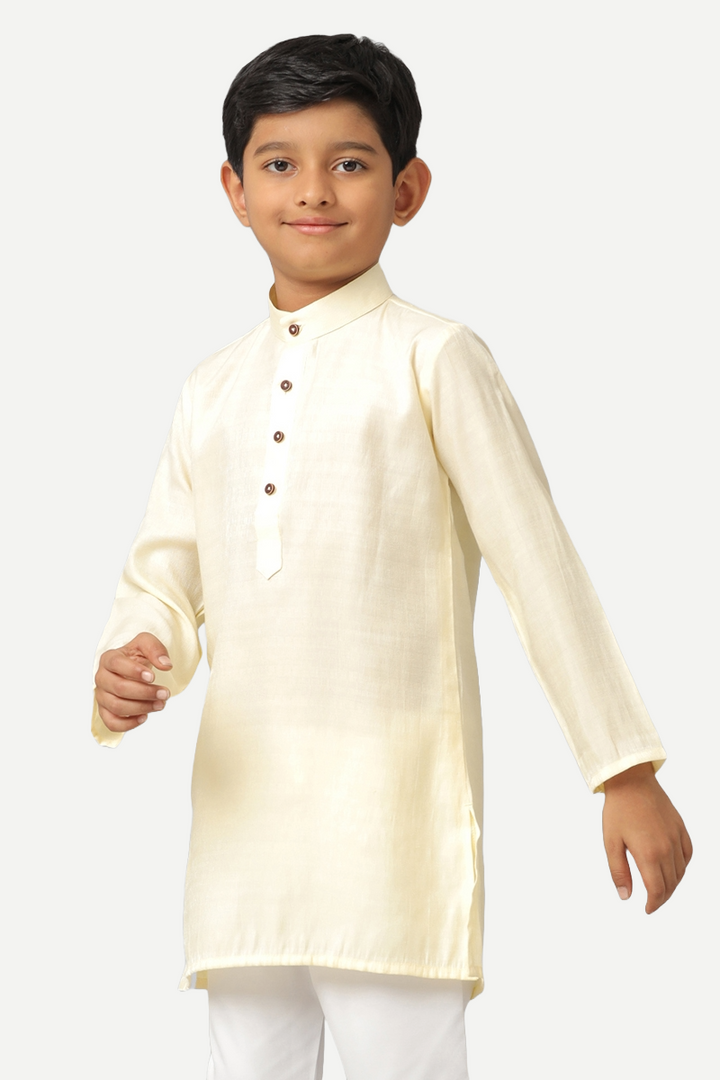 UATHAYAM Poly Slub Shining Star Full Sleeve Solid Regular Fit Kurta & Pyjama 2 In 1 Set For Kids (Cream White)