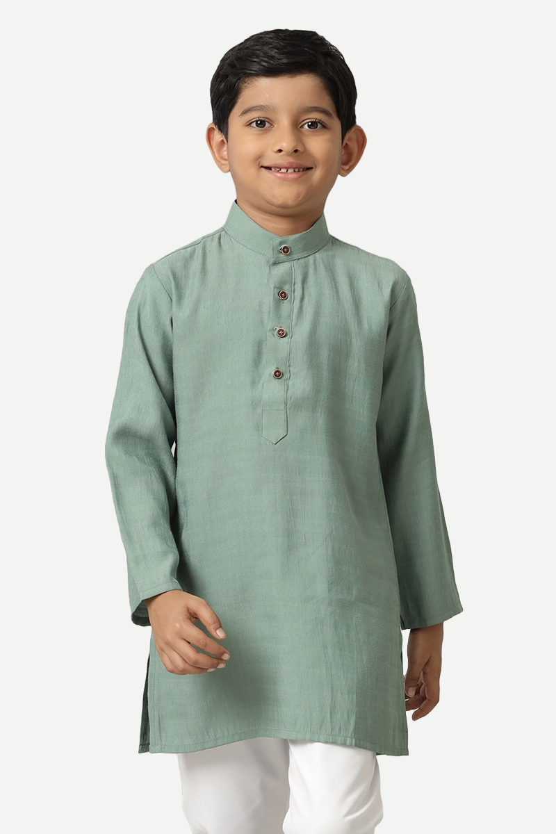 UATHAYAM Poly Slub Shining Star Full Sleeve Solid Regular Fit Kurta & Pyjama 2 In 1 Set For Kids (Greyish Green)