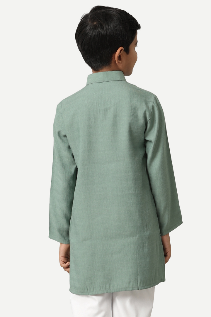 UATHAYAM Poly Slub Shining Star Kurta  Full Sleeve Solid Regular Fit For Kids (Greyish Green)