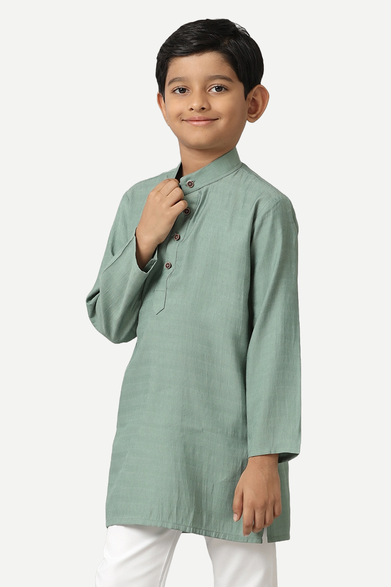 UATHAYAM Poly Slub Shining Star Kurta  Full Sleeve Solid Regular Fit For Kids (Greyish Green)