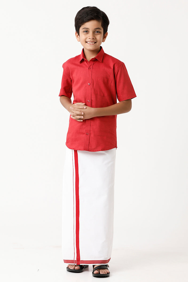 UATHAYAM Varna Kids Soft Red Matching Fixit Dhoti & Shirt Set-11026