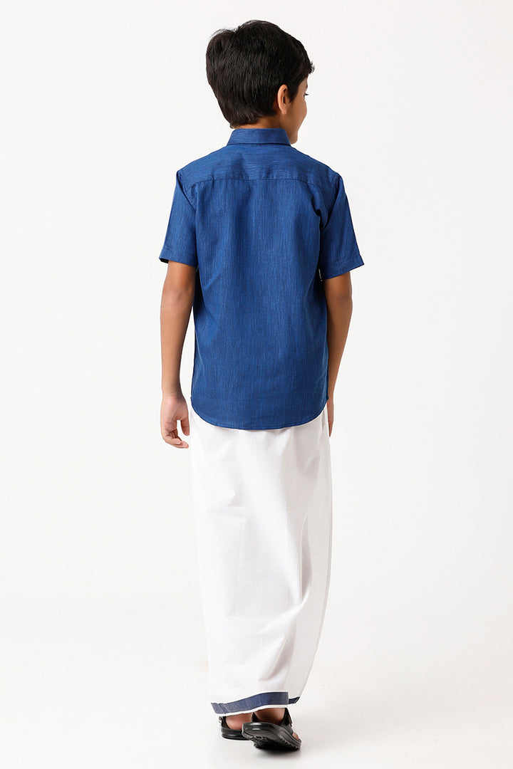 UATHAYAM Varna Kids Navy Blue Matching Fixit Dhoti & Shirt Set-11024