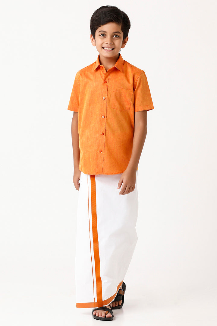 Varna - Orange Matching Fixit Dhoti and Shirt 2 in 1 Set For Kids | Uathayam