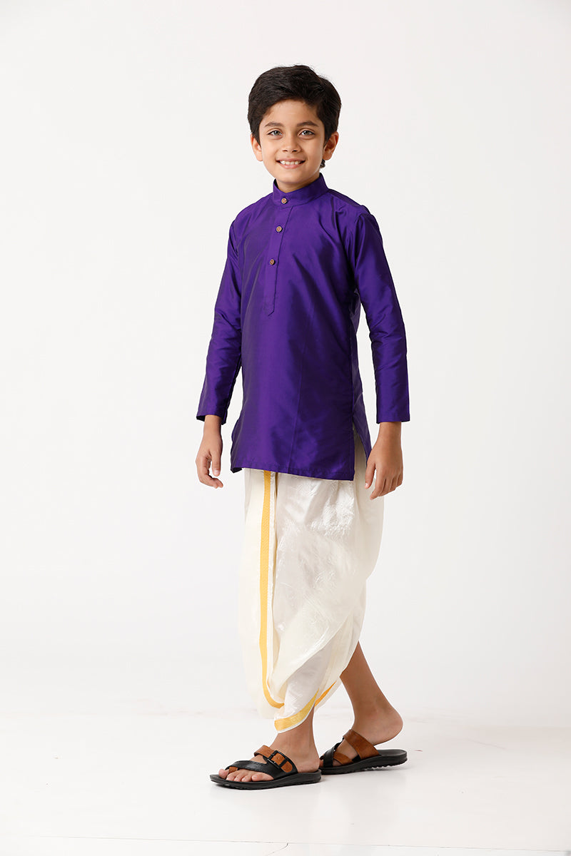 UATHAYAM Rising Ideal Kurta Full Sleeve Solid Regular Fit Kids Kurta + Panchakacham 2 In 1 Silk Set (Violet)