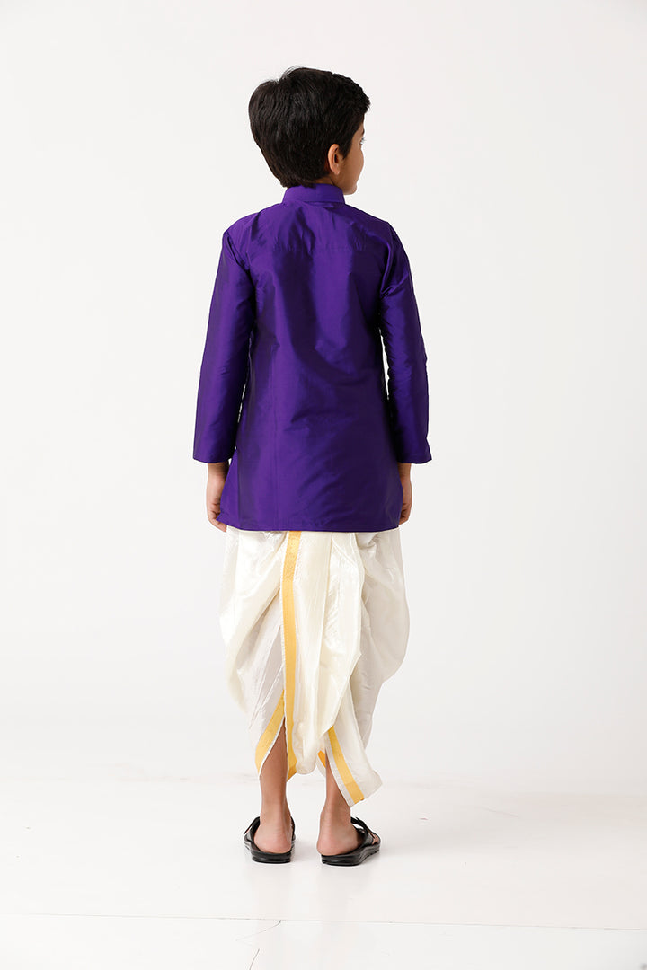 UATHAYAM Rising Ideal Kurta Full Sleeve Solid Regular Fit Kids Kurta + Panchakacham + Towel 3 In 1 Silk Set (Violet)