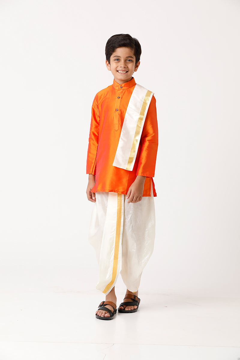 UATHAYAM Rising Ideal Kurta Full Sleeve Solid Regular Fit Kids Kurta + Panchakacham + Towel 3 In 1 Silk Set (Orange)