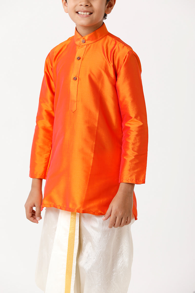 UATHAYAM Rising Ideal Kurta Full Sleeve Solid Regular Fit Kids Kurta + Panchakacham 2 In 1 Silk Set (Orange)