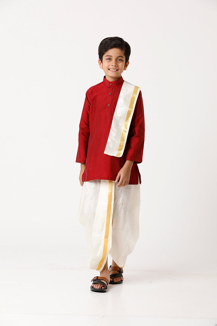 UATHAYAM Rising Ideal Kurta Full Sleeve Solid Regular Fit Kids Kurta + Panchakacham + Towel 3 In 1 Silk Set (Red)
