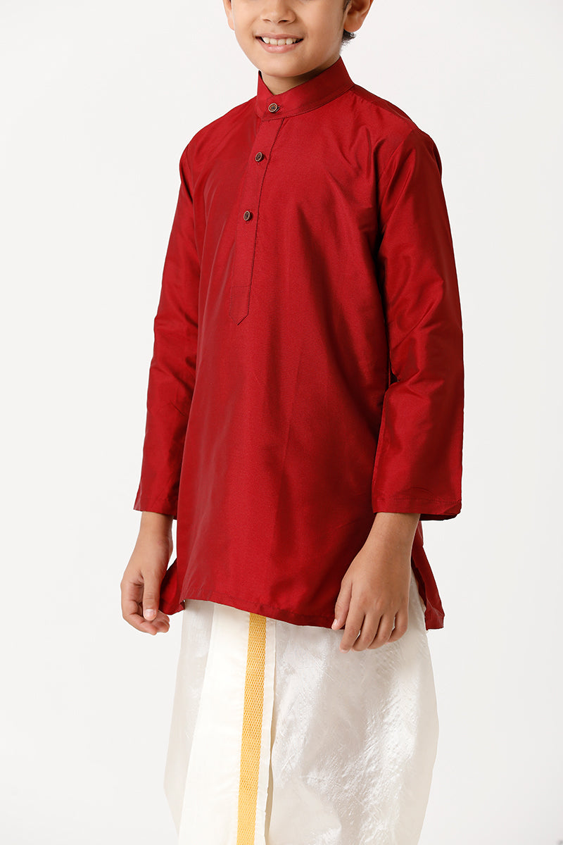 UATHAYAM Rising Ideal Kurta Full Sleeve Solid Regular Fit Kids Kurta + Panchakacham + Towel 3 In 1 Silk Set (Red)