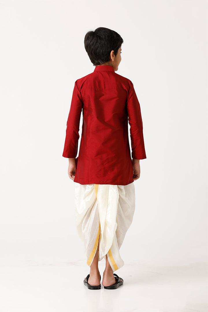 UATHAYAM Rising Ideal Kurta Full Sleeve Solid Regular Fit Kids Kurta + Panchakacham 2 In 1 Silk Set (Red)