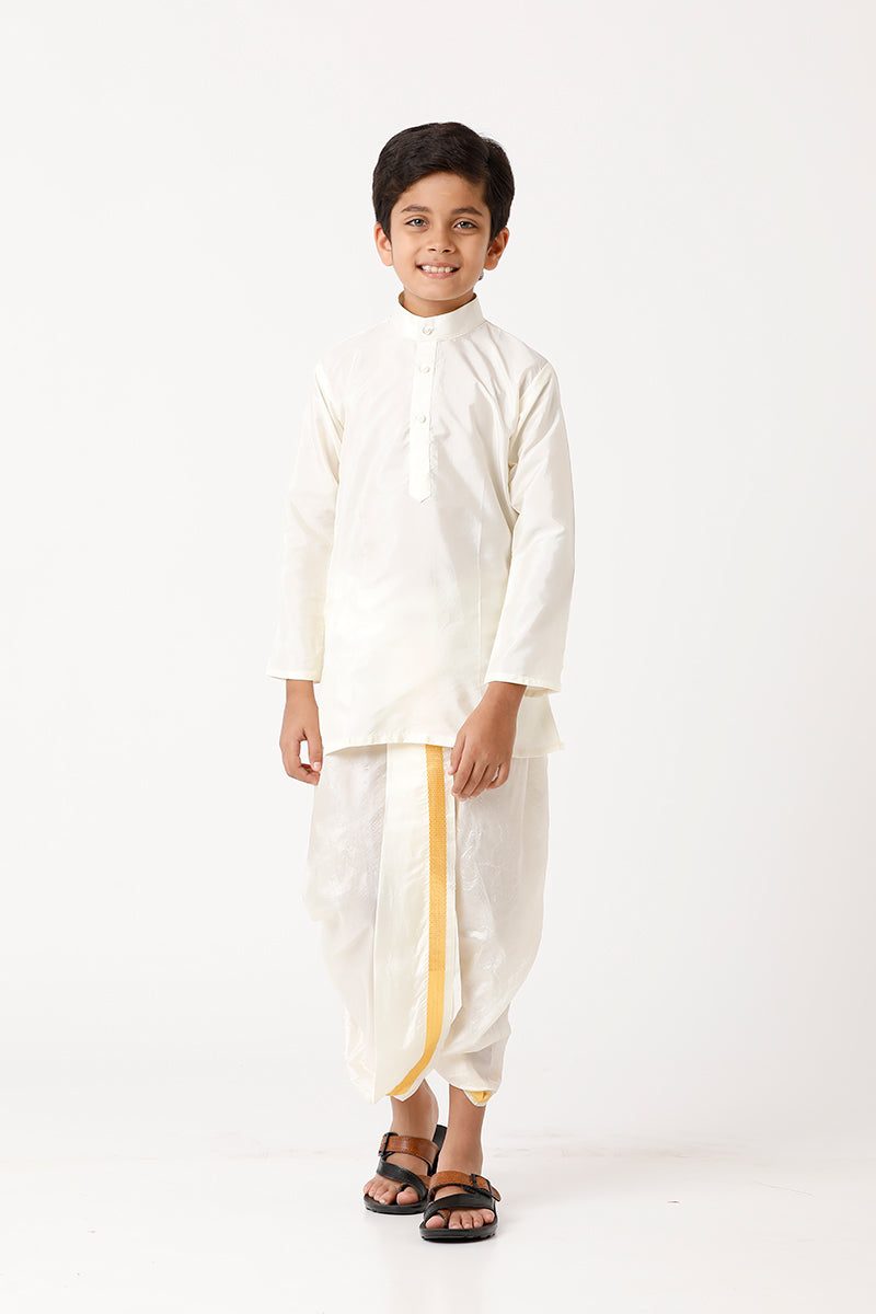 UATHAYAM Ideal Kurta Full Sleeve Solid Regular Fit Kids Silk Cream Kurta + Panchakacham + Towel 3 In 1 Set