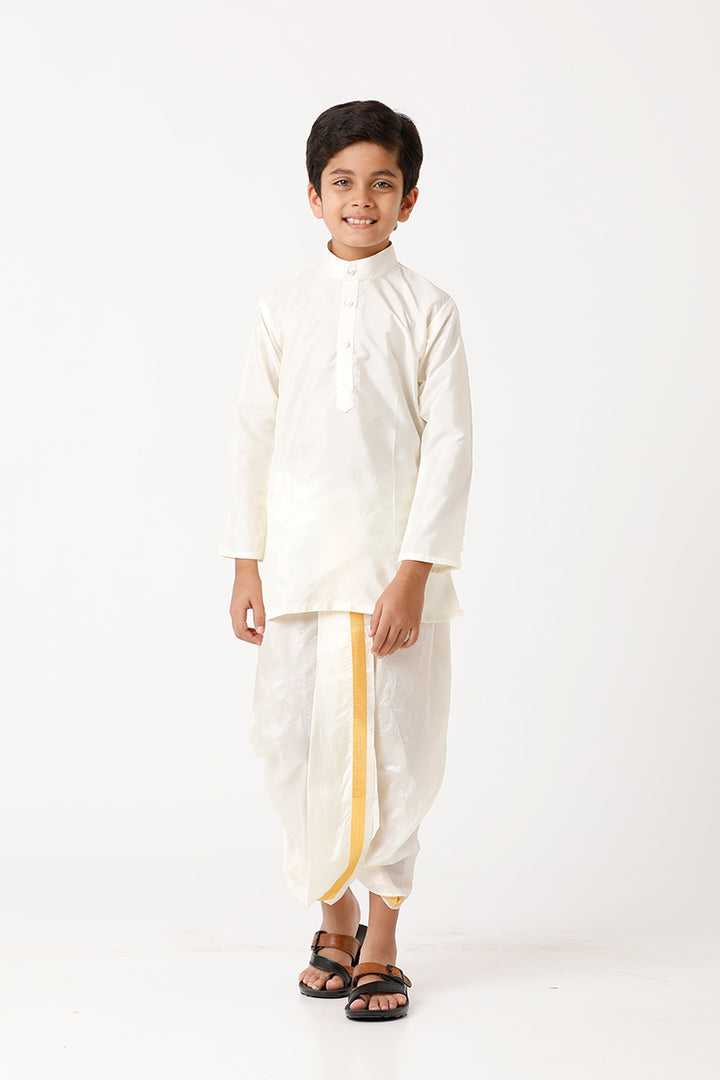 UATHAYAM Idel Kurta Full Sleeve Solid Regular Fit Kids Cream Kurta + Panchakacham 2 In 1 Set