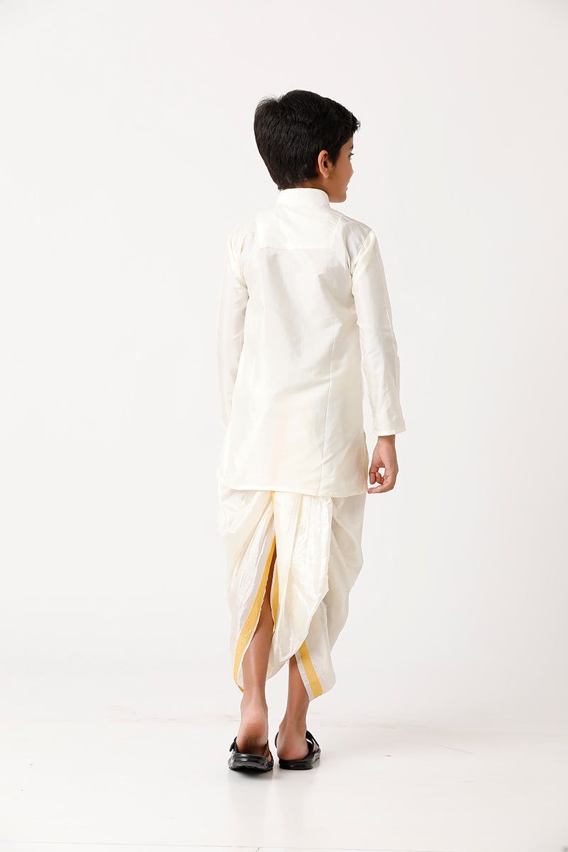 Ideal - Cream Kurta and Panchakacham With Towel 3 In 1 Set For Kids | Uathayam