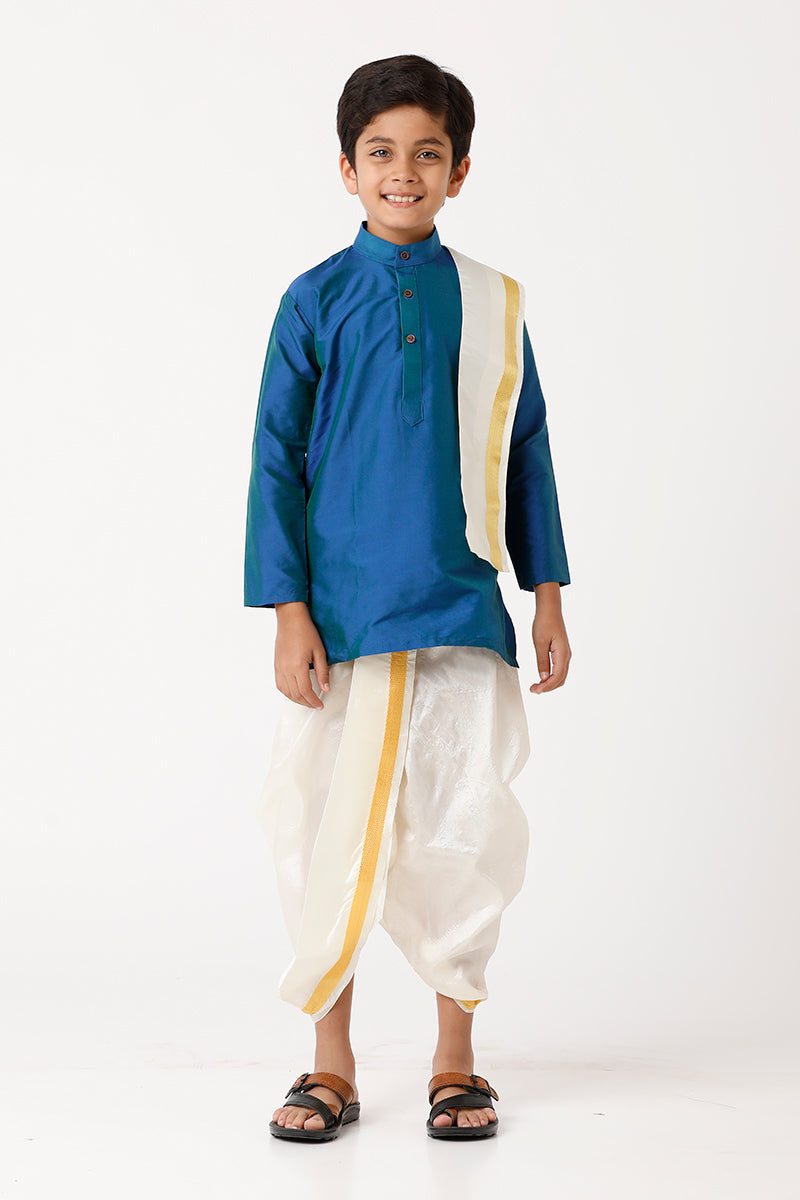 UATHAYAM Rising Ideal Kurta Full Sleeve Solid Regular Fit Kids Kurta + Panchakacham + Towel 3 In 1 Silk Set (Ramar Blue)