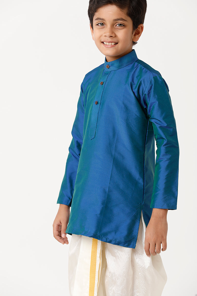 UATHAYAM Rising Ideal Kurta Full Sleeve Solid Regular Fit Kids Kurta + Panchakacham 2 In 1 Silk Set (Ramar Blue)
