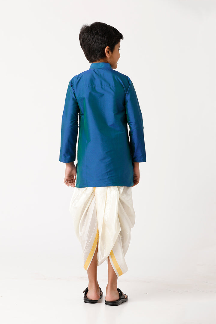 UATHAYAM Rising Ideal Kurta Full Sleeve Solid Regular Fit Kids Kurta + Panchakacham 2 In 1 Silk Set (Ramar Blue)