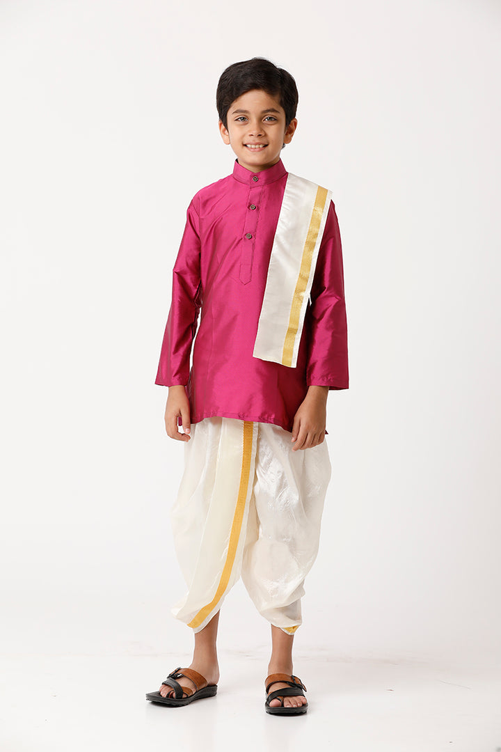 UATHAYAM Rising Ideal Kurta Full Sleeve Solid Regular Fit Kids Kurta + Panchakacham + Towel 3 In 1 Silk Set (Pink)