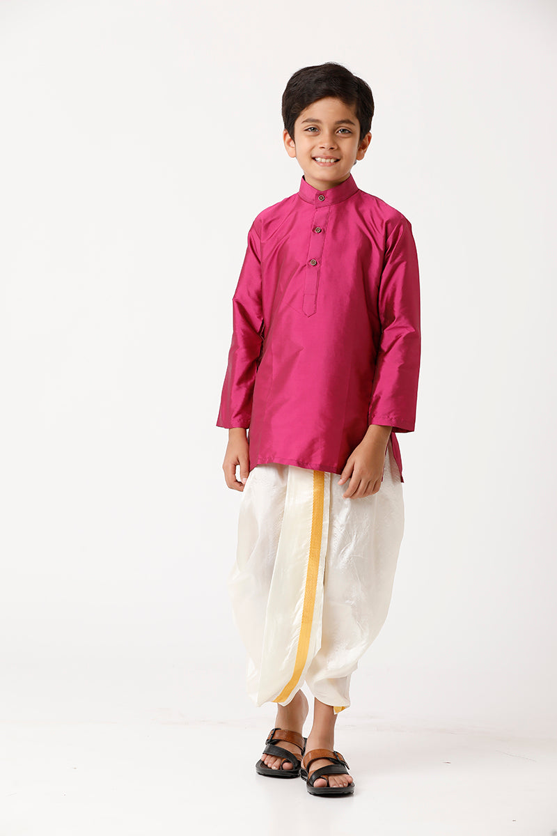 UATHAYAM Rising Ideal Kurta Full Sleeve Solid Regular Fit Kids Kurta + Panchakacham + Towel 3 In 1 Silk Set (Pink)