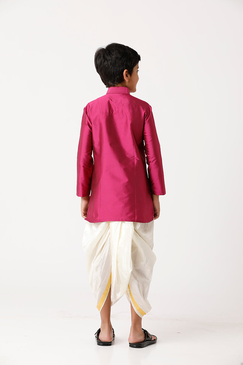 UATHAYAM Rising Ideal Kurta Full Sleeve Solid Regular Fit Kids Kurta + Panchakacham 2 In 1 Silk Set (Pink)