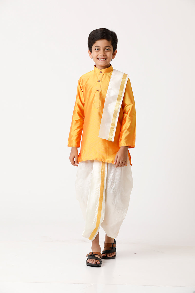 UATHAYAM Rising Ideal Kurta Full Sleeve Solid Regular Fit Kids Kurta + Panchakacham + Towel 3 In 1 Silk Set (Yellow)