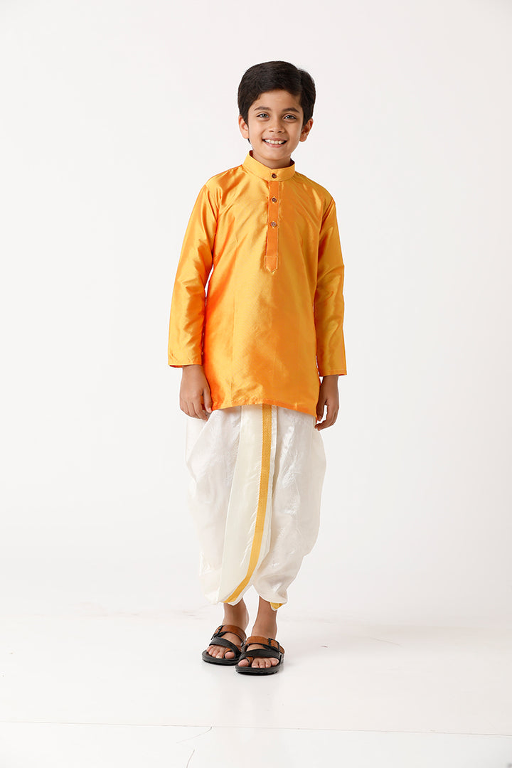 UATHAYAM Rising Ideal Kurta Full Sleeve Solid Regular Fit Kids Kurta + Panchakacham + Towel 3 In 1 Silk Set (Yellow)