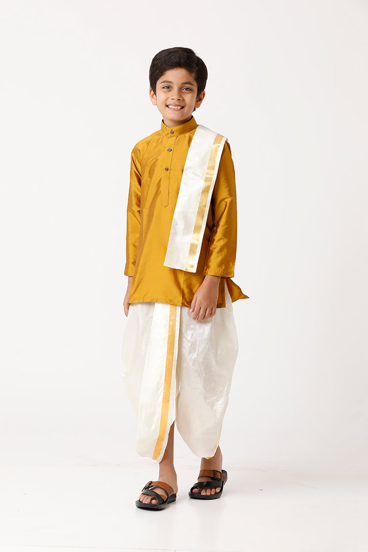UATHAYAM Rising Ideal Kurta Full Sleeve Solid Regular Fit Kids Kurta + Panchakacham + Towel 3 In 1 Silk Set (Golden Yellow)