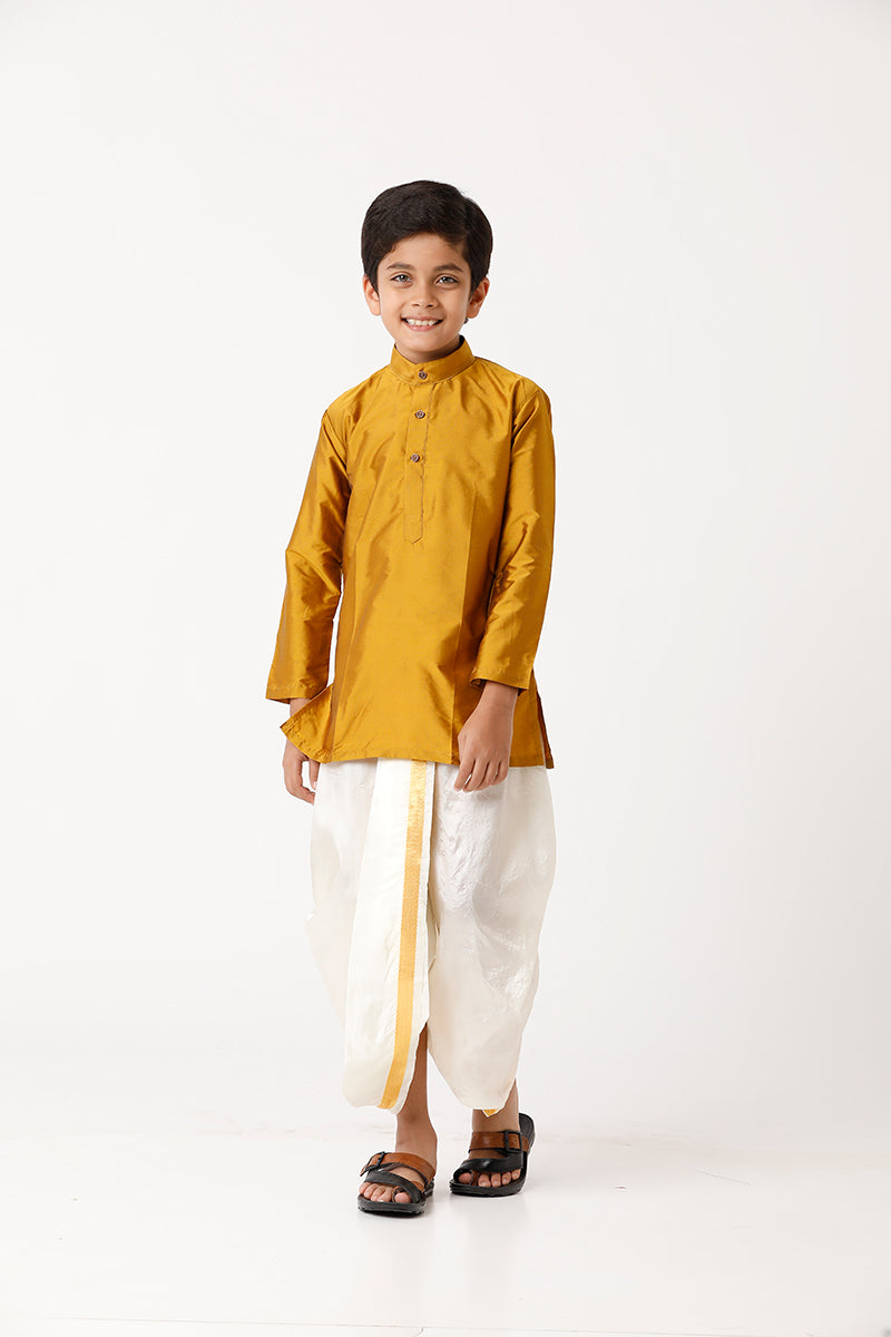 UATHAYAM Rising Ideal Kurta Full Sleeve Solid Regular Fit Kids Kurta + Panchakacham + Towel 3 In 1 Silk Set (Golden Yellow)