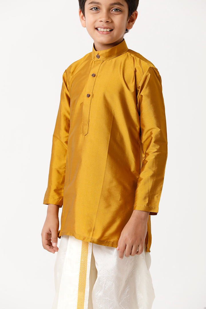 UATHAYAM Rising Ideal Kurta Full Sleeve Solid Regular Fit Kids Kurta + Panchakacham 2 In 1 Silk Set (Golden Yellow)