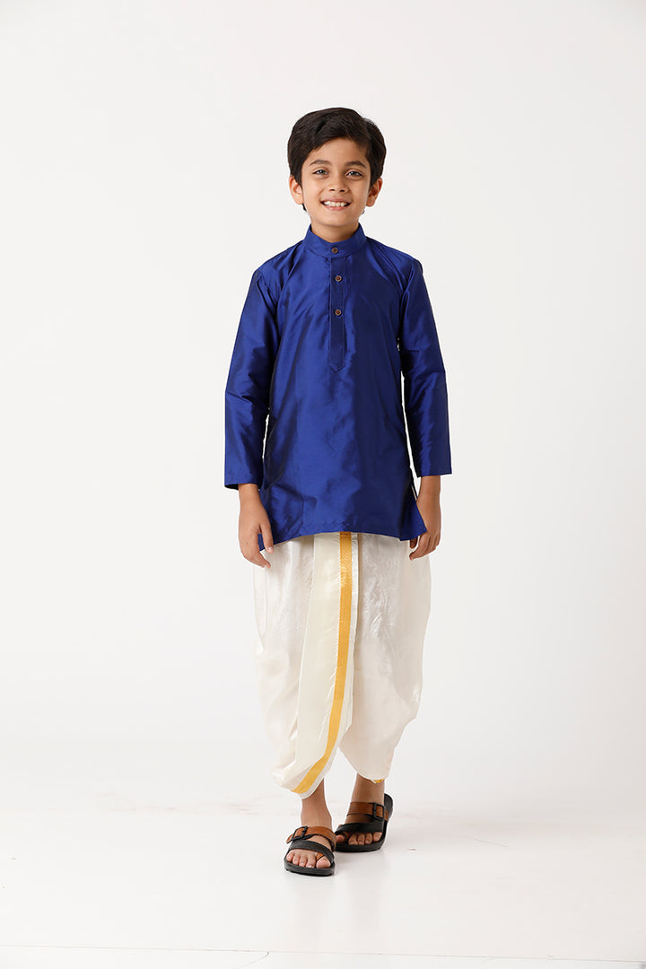 UATHAYAM Rising Ideal Kurta Full Sleeve Solid Regular Fit Kids Kurta + Panchakacham + Towel 3 In 1 Silk Set (Blue)