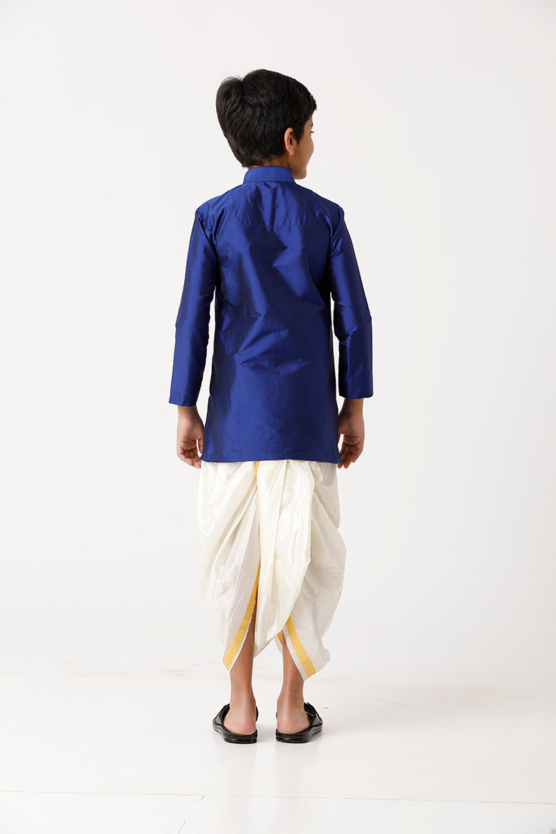 UATHAYAM Rising Ideal Kurta Full Sleeve Solid Regular Fit Kids Kurta + Panchakacham 2 In 1 Silk Set (Blue)