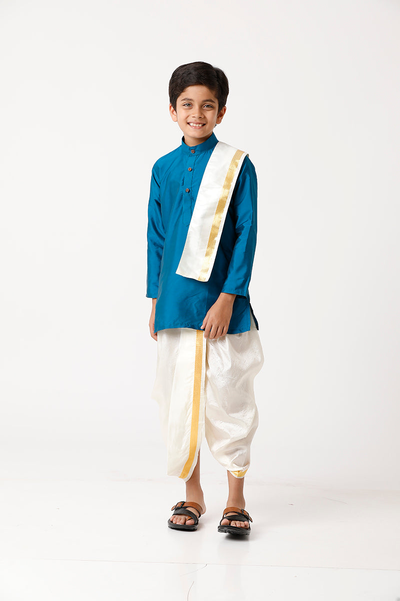 UATHAYAM Rising Ideal Kurta Full Sleeve Solid Regular Fit Kids Kurta + Panchakacham + Towel 3 In 1 Silk Set (Ramar Green)