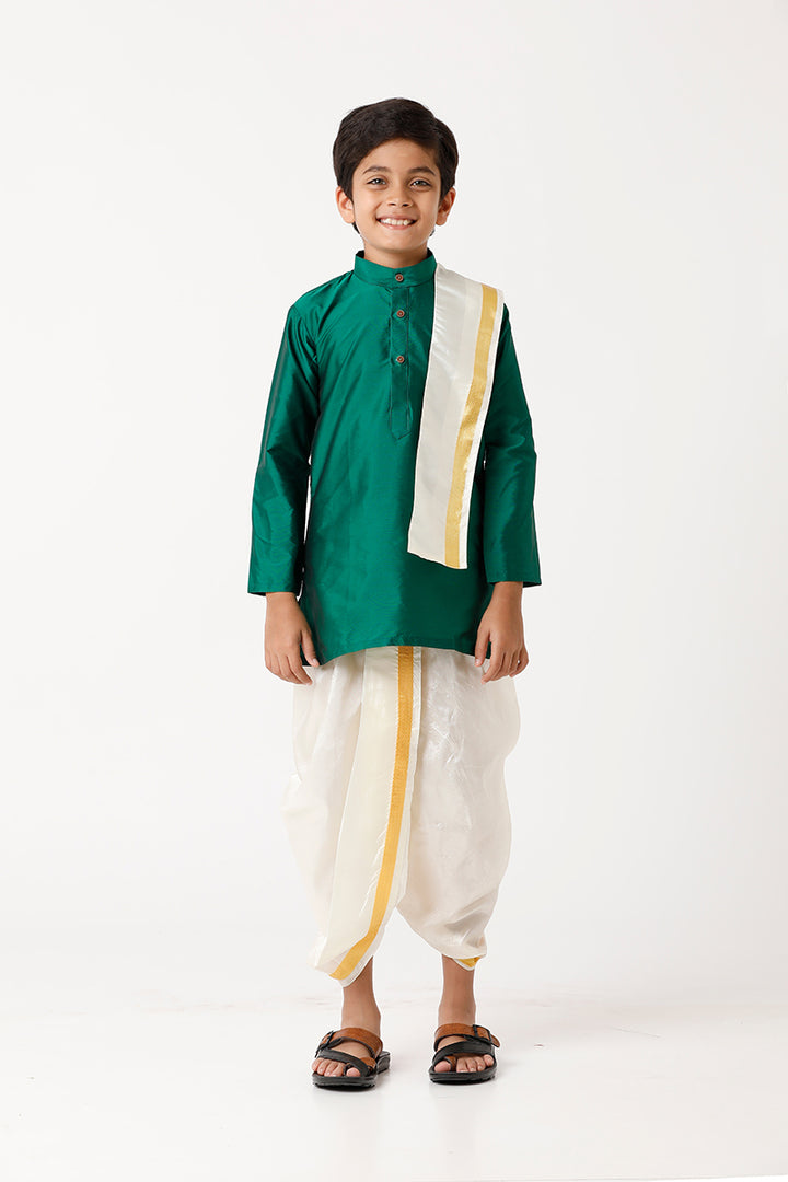 UATHAYAM Rising Ideal Kurta Full Sleeve Solid Regular Fit Kids Kurta + Panchakacham + Towel 3 In 1 Silk Set (Dark Green)