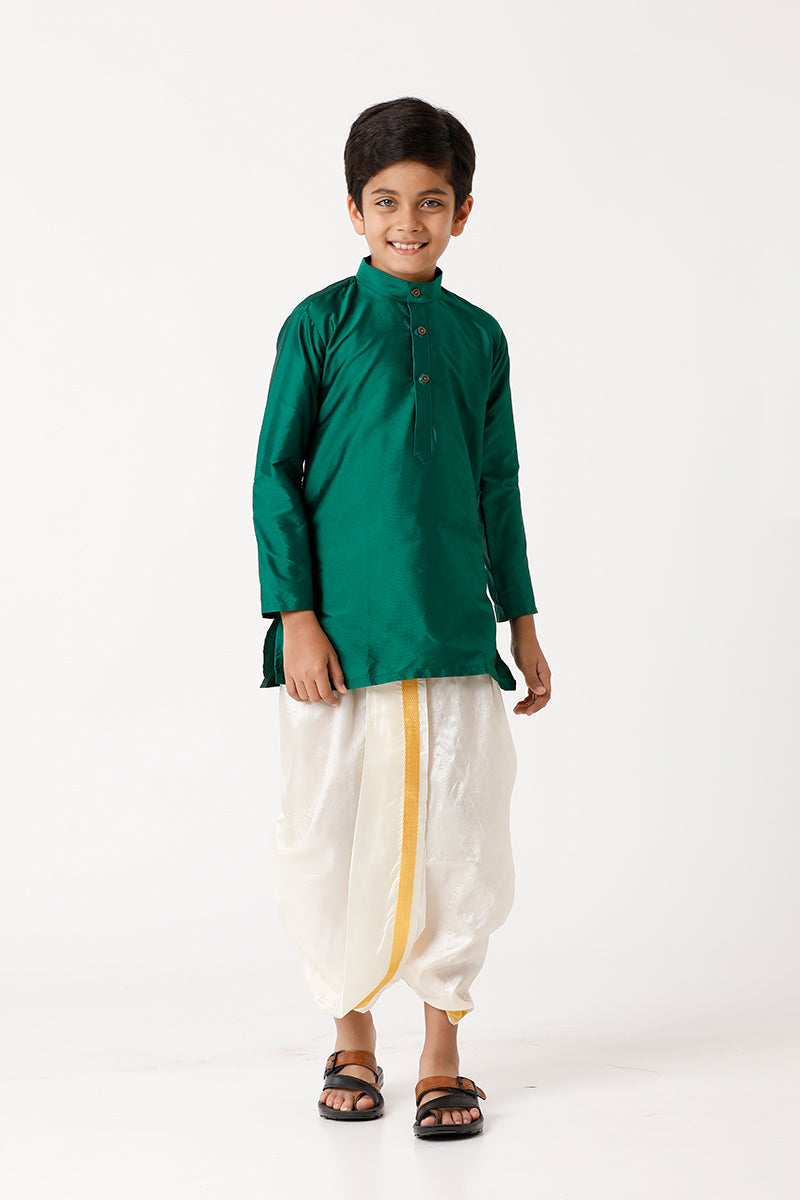 UATHAYAM Rising Ideal Kurta Full Sleeve Solid Regular Fit Kids Kurta + Panchakacham 2 In 1 Silk Silk Set (Dark Green)