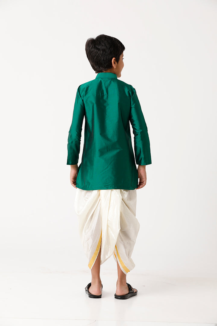 UATHAYAM Rising Ideal Kurta Full Sleeve Solid Regular Fit Kids Kurta + Panchakacham + Towel 3 In 1 Silk Set (Dark Green)