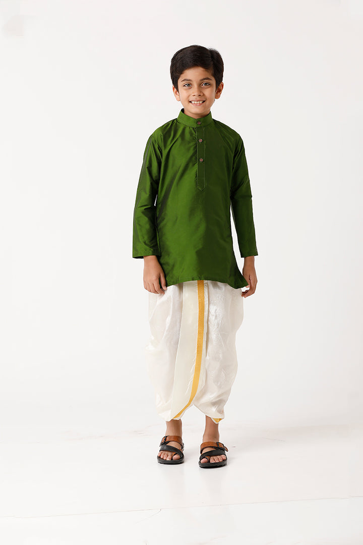 UATHAYAM Rising Ideal Kurta Full Sleeve Solid Regular Fit Kids Kurta + Panchakacham + Towel 3 In 1 Silk Set (Green)