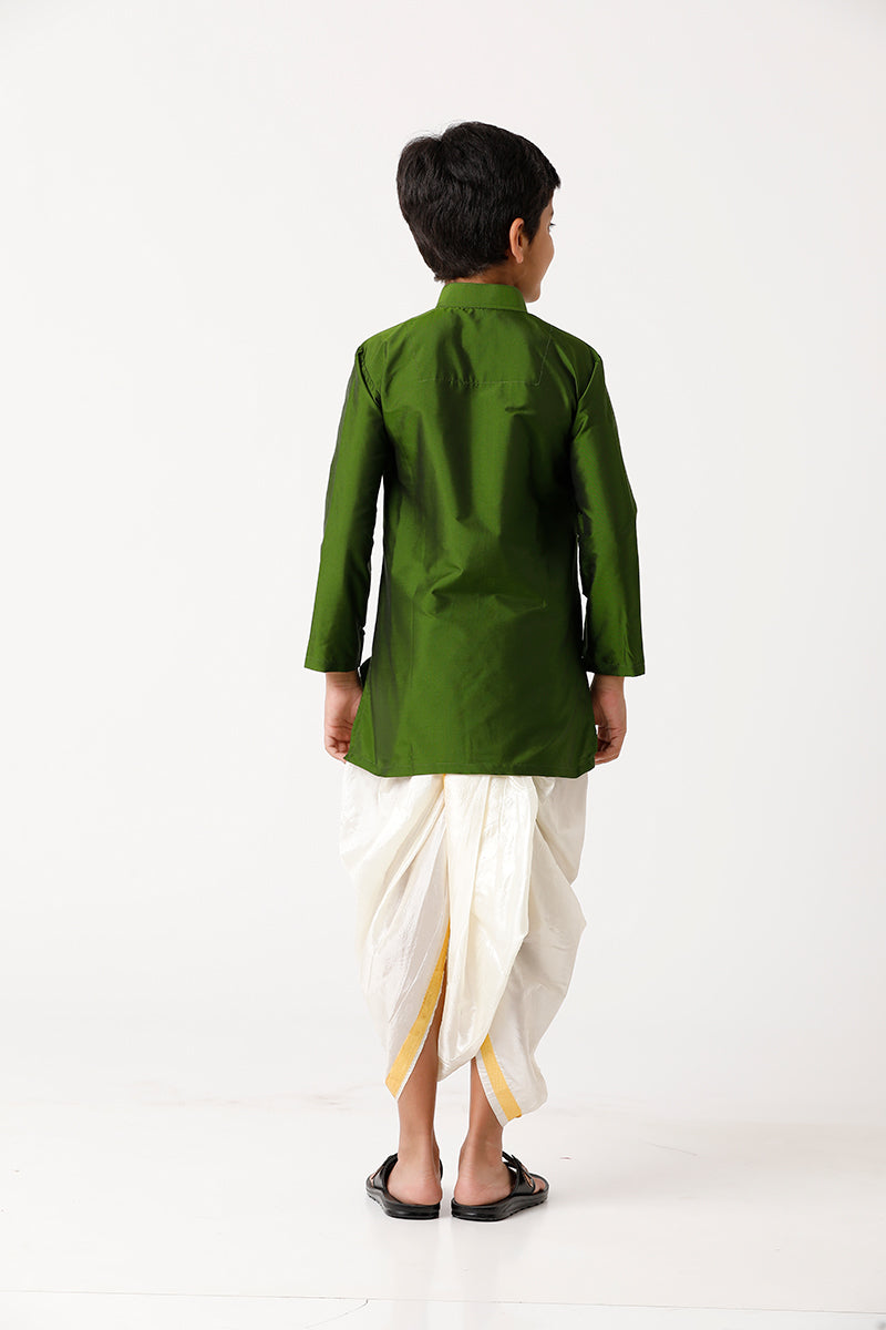 UATHAYAM Rising Ideal Kurta Full Sleeve Solid Regular Fit Kids Kurta + Panchakacham + Towel 3 In 1 Silk Set (Green)