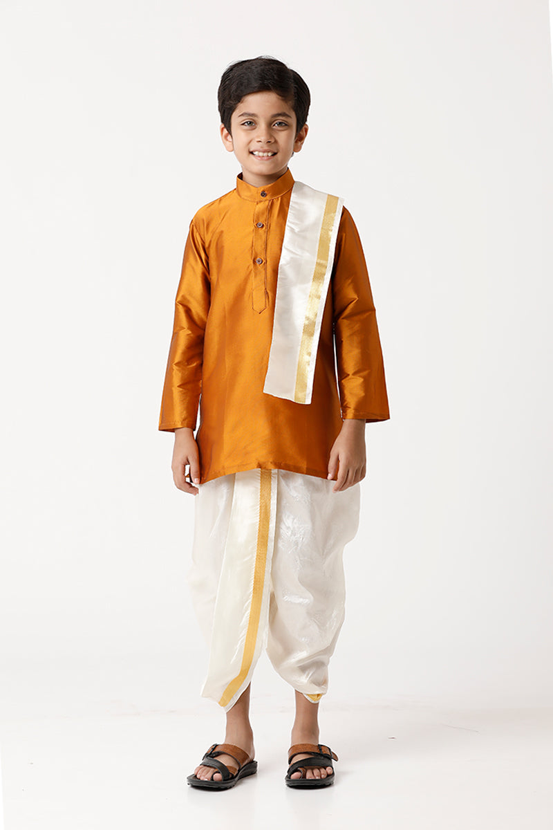 UATHAYAM Rising Ideal Kurta Full Sleeve Solid Regular Fit Kids Kurta + Panchakacham + Towel 3 In 1 Silk Set (Mustard Yellow)