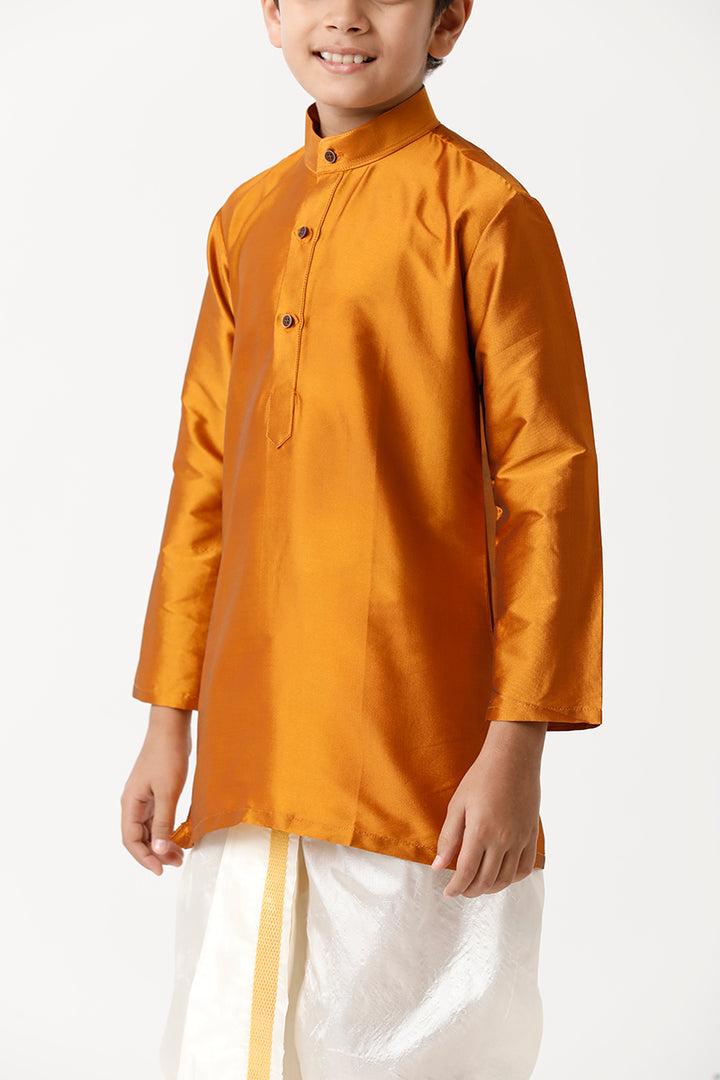 UATHAYAM Rising Ideal Kurta Full Sleeve Solid Regular Fit Kids Kurta + Panchakacham 2 In 1 Silk Set (Mustard Yellow)